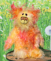 Peggy Smiles is a joyous celebration of colourful happiness, a one of a kind, hand dyed mohair artist bear by Barbara-Ann Bears. Peggy Smiles stands 9 inches( 23 cm) tall and is 7 inches (18 cm) sitting.