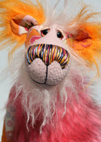 Peri-Peri is a kooky, funky, lanky and funny one of a kind artist bear in printed cotton, mohair and faux fur by Barbara Ann Bears Peri-Peri stands 15 inches( 38 cm) tall and is 12 inches (30 cm) sitting. Peri-Peri is a sweet and artistic bear, he's very smart in his designer print fabric. 