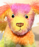 Pixie is a friendly and very well behaved, one of a kind, artist teddy dog made from beautifully coloured hand dyed mohair by Barbara-Bears