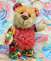 PomPom is an extremely lovable, sweet and happy one of a kind artist bear in beautiful hand dyed mohair & cotton fabric by Barbara Ann Bears, he stands just 7.5 inches (19 cm) tall and is 6 inches (15cm) sitting.