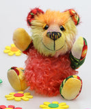 PomPom is an extremely lovable, sweet and happy one of a kind artist bear in beautiful hand dyed mohair & cotton fabric by Barbara Ann Bears, he stands just 7.5 inches (19 cm) tall and is 6 inches (15cm) sitting.