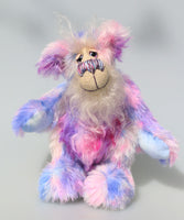 Posy is a charming, sweet and pretty, beautifully coloured, one of a kind artist bear, in hand dyed mohair by Barbara-Ann Bears  Posy stands 9 inches( 23 cm) tall and is 7 inches (20 cm) sitting. 