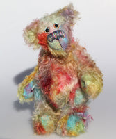 Quincy is a one of a kind, hand dyed mohair artist bear by Barbara-Ann Bears