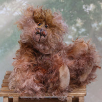 Rambling Joe is a wild and fluffy one of a kind, hand dyed mohair artist bear by Barbara-Ann Bears, he stands 10.5 inches (26 cm) tall and is 8 inches (20 cm) sitting. Rambling Joe is made from a gorgeous, long, wildly tousled mohair that Barbara has dyed in many soft, natural shades of brown