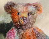 Rowan is a beautiful traditional bear made from delicately coloured hand dyed mohair, he has glass eyes which were painted to match his mohair, a beautiful nose carefully embroidered with individual threads to also match his colouring and a content and gracious expression.
