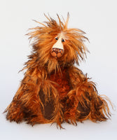 Rufus is a wild and wonderful yet rather sad one of a kind artist bear made from beautiful, long, mohair by Barbara Ann Bears, stands 13.5 inches( 34 cm) tall and made from a very long tousled ginger mohair with dark brown tipping, his face, the fronts of his ears and the underside of his tail are a long cream mohair 