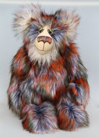 Rustus McCafferty is a very shaggy, wild and subtly coloured, one of a kind, artist teddy bear in gorgeous faux fur & fluffy mohair by Barbara-Ann Bears, he is a large and heavy teddy bear standing 20 inches/51cm tall. Rustus is made from long, silky faux fur in black, white, terracotta and green, and long white mohair