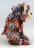Rustus McCafferty is a very shaggy, wild and subtly coloured, one of a kind, artist teddy bear in gorgeous faux fur & fluffy mohair by Barbara-Ann Bears, he is a large and heavy teddy bear standing 20 inches/51cm tall. Rustus is made from long, silky faux fur in black, white, terracotta and green, and long white mohair