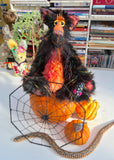 Spooky Lucas is very friendly, if fiendishly spooky, one of a kind artist cat in hand-dyed silk, viscose and faux fur by Barbara Ann Bears Spooky Lucas stands 12.5 inches( 31 cm) tall and is 11 inches (27 cm) sitting, his curly tail would be about 13 inches (33 cm) long if it could be straightened out