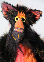 Spooky Lucas is very friendly, if fiendishly spooky, one of a kind artist cat in hand-dyed silk, viscose and faux fur by Barbara Ann Bears  Spooky Lucas stands 12.5 inches( 31 cm) tall and is 11 inches (27 cm) sitting, his curly tail would be about 13 inches (33 cm) long if it could be straightened out