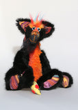 Spooky Norman is very friendly, if fiendishly spooky, one of a kind artist cat in hand-dyed silk, viscose and faux fur by Barbara Ann Bears Spooky Norman stands 12.5 inches( 31 cm) tall and is 11 inches (27 cm) sitting, his curly tail would be about 13 inches (33 cm) long. Spooky Norman is a rather unconventional cat