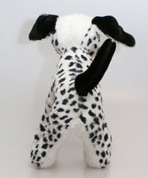 Spotty Dog is a friendly, spotty, very well behaved, artist teddy dog made in spotty faux fur and black vintage mohair by Barbara Ann Bears, she stands 9 inches( 23 cm) tall, she is 12 inches (31 cm) from nose to the base of her tail and she is 11 inches (28 cm) across the ears.