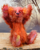 Sprocket is an endearingly comical and undemanding one of a kind artist bear made from hand dyed mohair and faux fur by Barbara Ann Bears, he stands 13 inches( 33 cm) tall and is 10.5 inches (27 cm) sitting. He's mostly made from a long and tousled mohair that Barbara has dyed in purple, pink, peach and orange