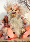 Stanley is the most handsome and endearing, one of a kind, artist bear by Barbara-Ann Bears, he stands 14.5 inches (37 cm) tall and is 11.5 inches (29 cm) sitting. Stanley is made from luxurious long faux furs in rose, cream, peach, pink and black, coupled with a long fluffy blond mohair with a warmer backcloth