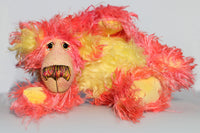 Suzy Sizzles, a comical and colourful, one of a kind, artist teddy bear in hand dyed mohair by Barbara-Ann Bears.