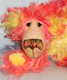 Suzy Sizzles, a comical and colourful, one of a kind, artist teddy bear in hand dyed mohair by Barbara-Ann Bears.