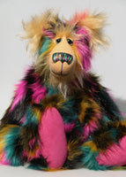 Theodore Toot is a very shaggy wild and colourful, one of a kind, artist teddy bear by Barbara-Ann Bears, he stands 19 inches/48 cm tall and is 15 inches/38 cm sitting. He is  made from a black magenta, mustard and teal dense faux fur and very long soft golden blond mohair, with hand painted eyes and many coloured nose