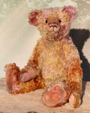 Thomas Muldoon, a traditional, one of a kind artist teddy bear, in fabulous hand dyed mohair by Barbara Ann Bears, he stands 15 inches/38cm tall and is 10.5 inches/27cm sitting. He's made from German mohair hand-dyed in many natural shades, there are several shades of copper, cinnamon, beige, gold, rose and magenta