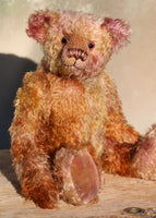 Thomas Muldoon, a traditional, one of a kind artist teddy bear, in fabulous hand dyed mohair by Barbara Ann Bears, he stands 15 inches/38cm tall and is 10.5 inches/27cm sitting. He's made from German mohair hand-dyed in many natural shades, there are several shades of copper, cinnamon, beige, gold, rose and magenta