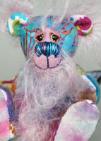 Tim Tickletum has beautiful, gently sparkling hand painted eyes with hand coloured eyelids, an intricately embroidered nose sewn from individual threads to match his colouring and a broad, sweet smile, he's a very, very happy bear