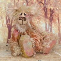 Tom Duchart is a wild, raggedy and lovable one of a kind artist bear by Barbara-Ann Bears in hand-dyed mohair, he stands 11 inches/28 cm tall and is 8.5 inches/22cm sitting. Tom Duchart is a very friendly bear with a somewhat nonplussed expression made in distressed mohair dyed in shades of beige, rose, ochre and brown