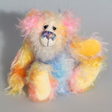 Verity is a sweet and colourful, one of a kind, hand dyed mohair artist bear by Barbara-Ann Bears