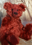 Vincent is an elegant and charming, one of a kind, traditional artist teddy bear by Barbara Ann Bears in wonderful crimson English mohair. He stands 14 inches/36cm tall and is 10.5 inches/26 cm sitting, he is like very earliest teddy bears, with longer arms, a long snout and quite bear-like, yet still cuddly.