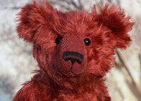 Vincent is an elegant and charming, one of a kind, traditional artist teddy bear by Barbara Ann Bears in wonderful crimson English mohair. He stands 14 inches/36cm tall and is 10.5 inches/26 cm sitting, he is like very earliest teddy bears, with longer arms, a long snout and quite bear-like, yet still cuddly.