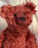 Vincent is an elegant and charming, one of a kind, traditional artist teddy bear by Barbara Ann Bears in wonderful crimson English mohair. He stands 14 inches/36cm tall and is 10.5 inches/26 cm sitting, he is like very earliest teddy bears, with longer arms, a long snout and quite bear-like, yet still cuddly.