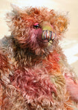 Winnie McInnery, a wild, quite large and characterful, one of a kind artist bear by Barbara-Ann Bears in gorgeous scraggly hand dyed mohair, she stands 19 inches (48 cm) tall and is 13.5 inches (34 cm) sitting. She is made from a gorgeous, long, straggly mohair that Barbara has dyed in a multitude of natural colours