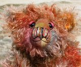 Winnie McInnery, a wild, quite large and characterful, one of a kind artist bear by Barbara-Ann Bears in gorgeous scraggly hand dyed mohair, she stands 19 inches (48 cm) tall and is 13.5 inches (34 cm) sitting. She is made from a gorgeous, long, straggly mohair that Barbara has dyed in a multitude of natural colours