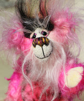 Yummy YumYum is a comical, fabulously pink, one of a kind, artist bear in beautiful hand dyed mohair and faux fur by Barbara-Ann Bears. Yummy YumYum stands 7.5 inches (19 cm) tall and is 6 inches (15 cm) sitting, this doesn't include her wild hair which adds another 3 inches (7.5 cm) to those measurements.