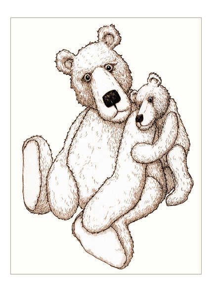 A small teddy bear comforting a larger teddy bear 