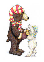 Stay Warm. A greeting card with two bears in woollen hats and scarves.
