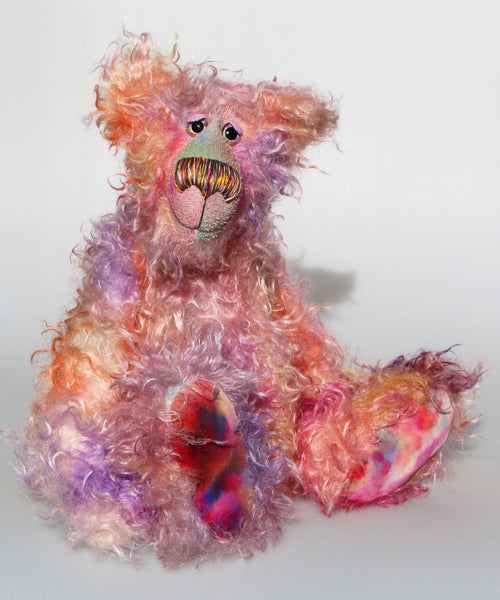 Cezanne is a gentle, elegant and delicately colourful, one of a kind, hand dyed mohair, shaggy artist bear by Barbara-Ann Bears. Cezanne stands 16.5 inches (40 cm) tall and is 12 inches (30 cm) sitting.
